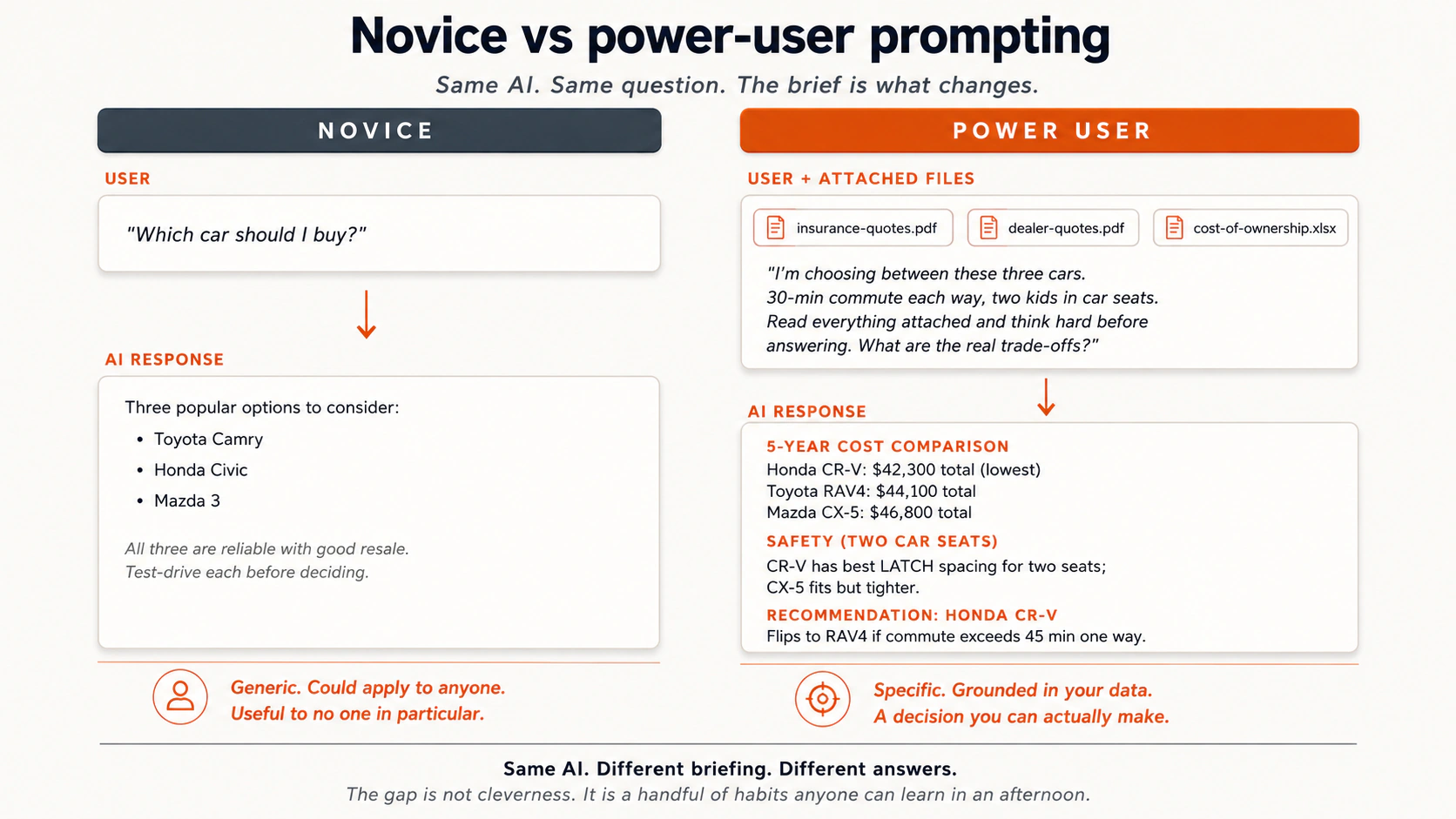 Novice prompt aur power-user brief ka side-by-side comparison: novice sirf 'which car should I buy?' poochta hai aur generic three-model list leta hai. Power user insurance quotes, dealer quotes, aur cost-of-ownership spreadsheet attach karta hai, 30-minute commute aur do bachon ke car seats jaisi specific constraints deta hai, aur structured five-year cost comparison, safety analysis, aur Honda CR-V recommendation leta hai jo kuch conditions mein flip ho sakti hai. Same AI, different briefing, different answers.