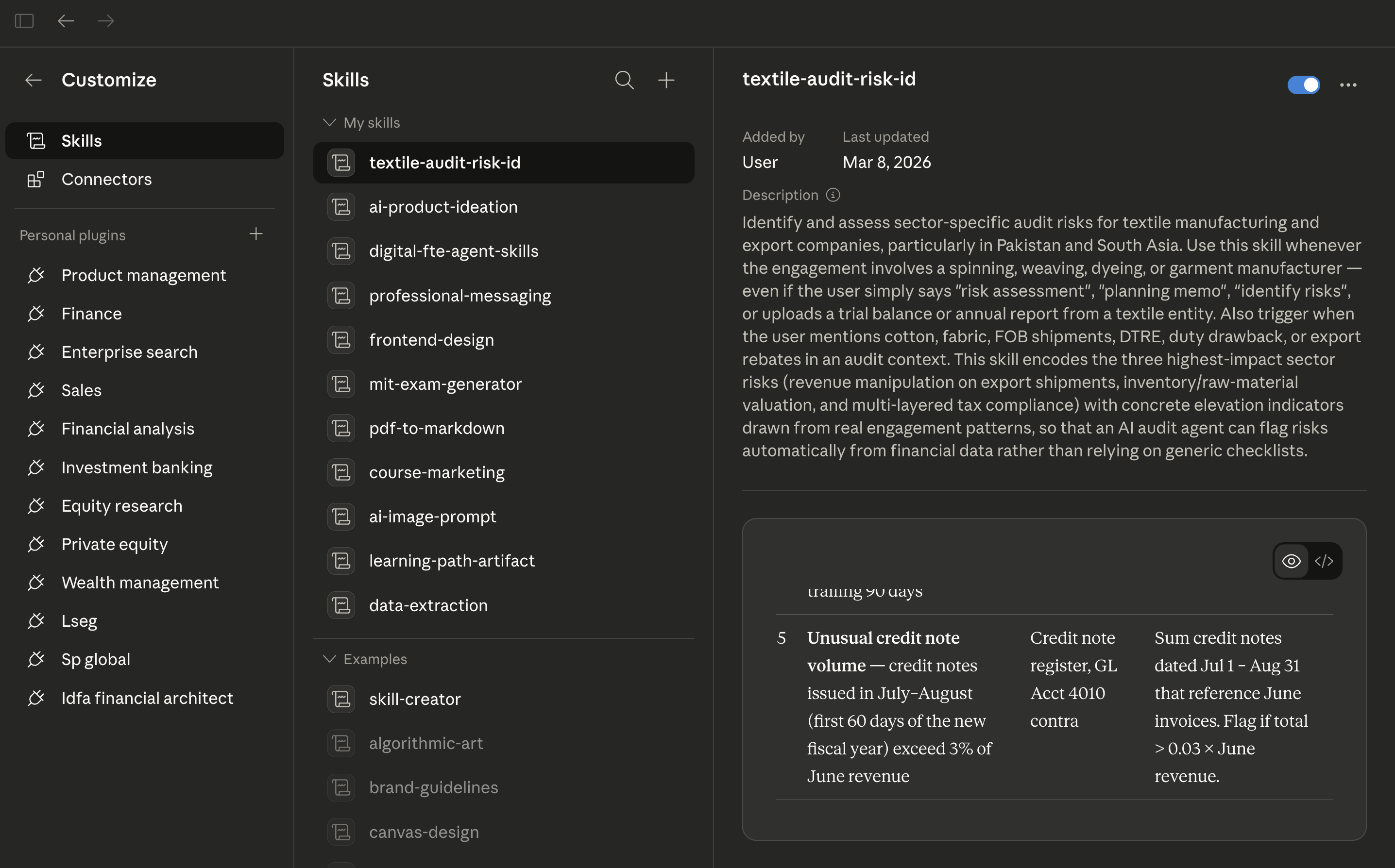 The Customize → Skills panel showing the textile-audit-risk-id skill under My Skills: the skill description, elevation indicators, and detection thresholds are visible and editable