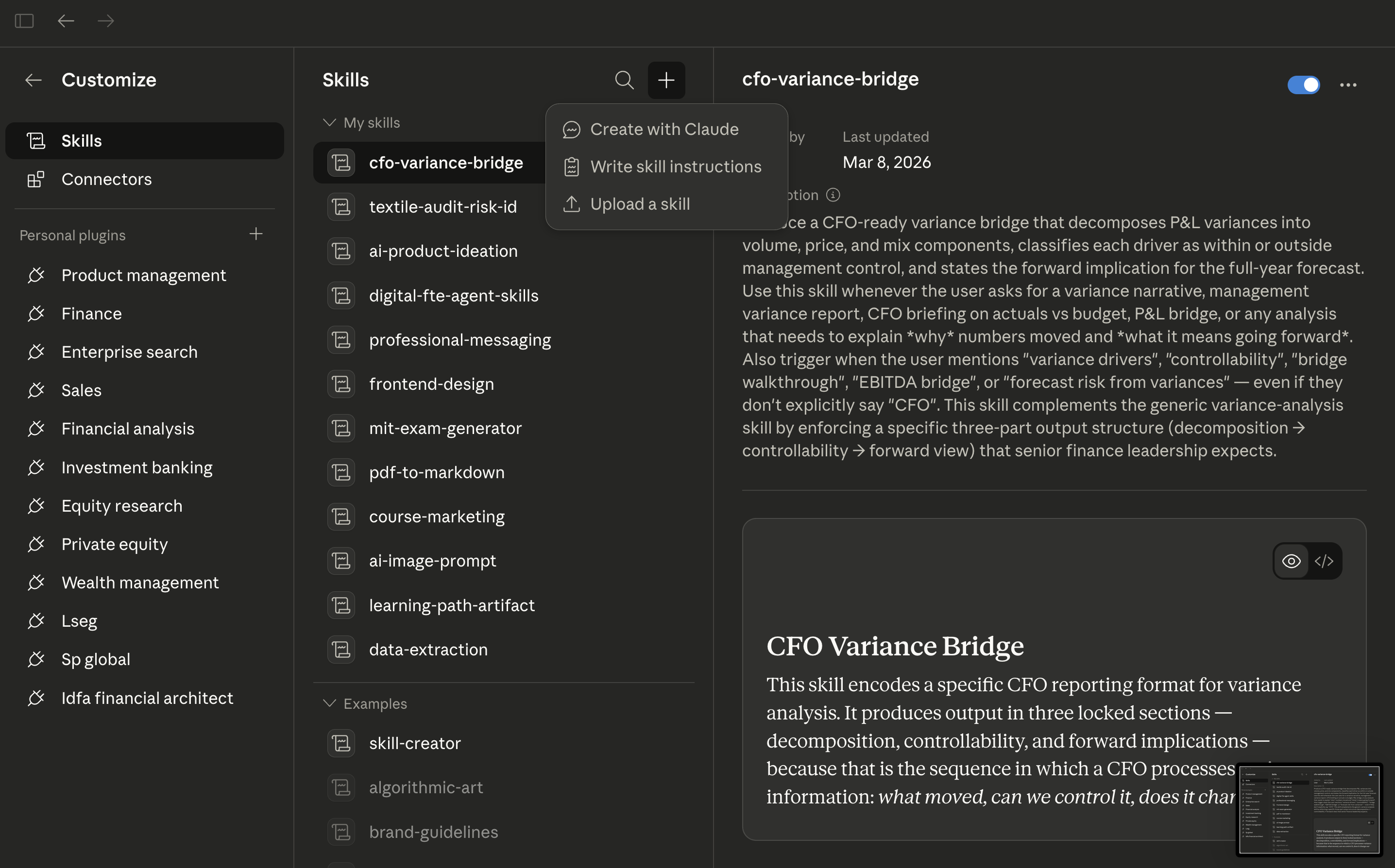 Cowork skill creation menu showing Create with Claude, Write skill instructions, and Upload a skill