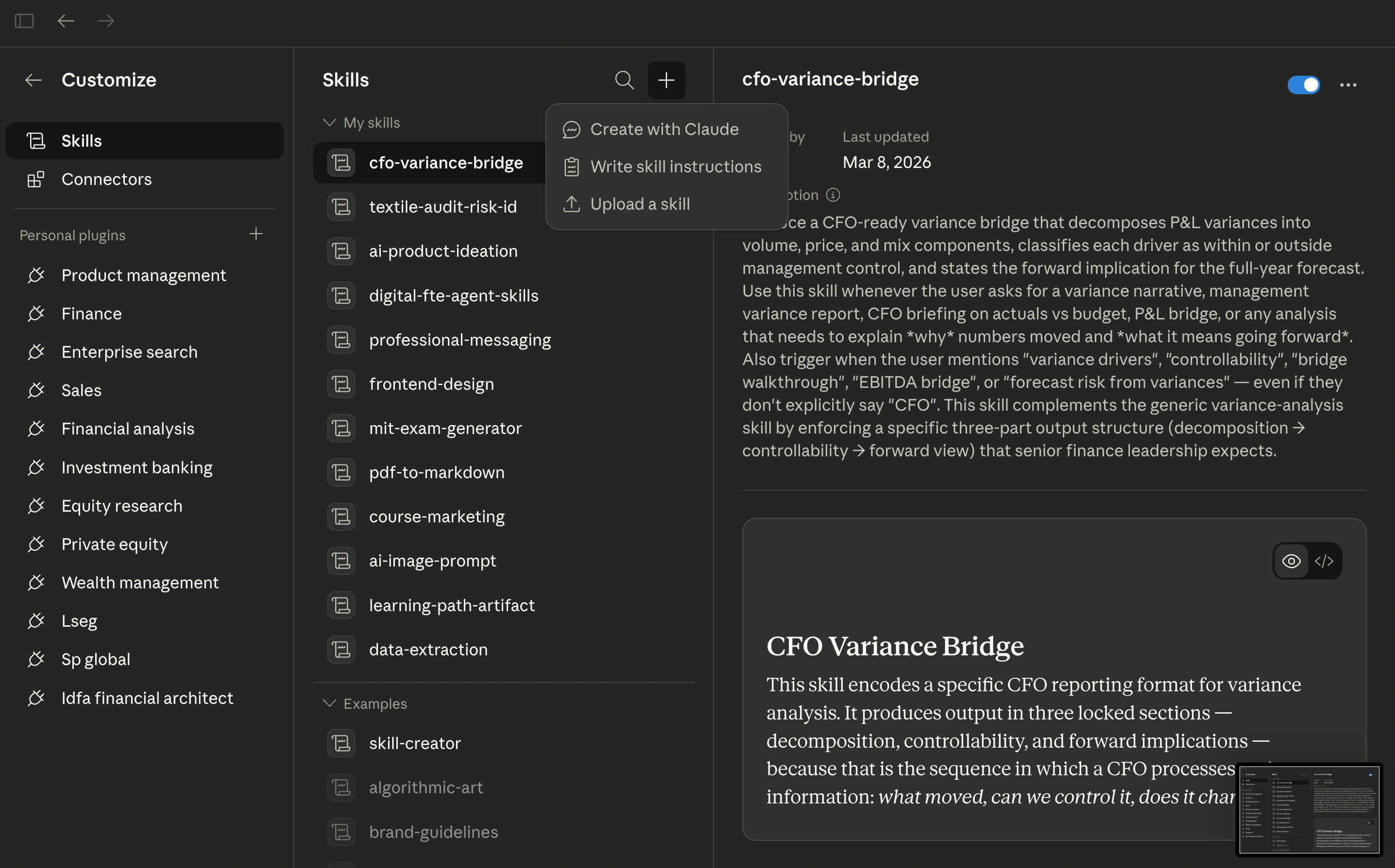 Cowork skill creation menu showing Create with Claude, Write skill instructions, and Upload a skill