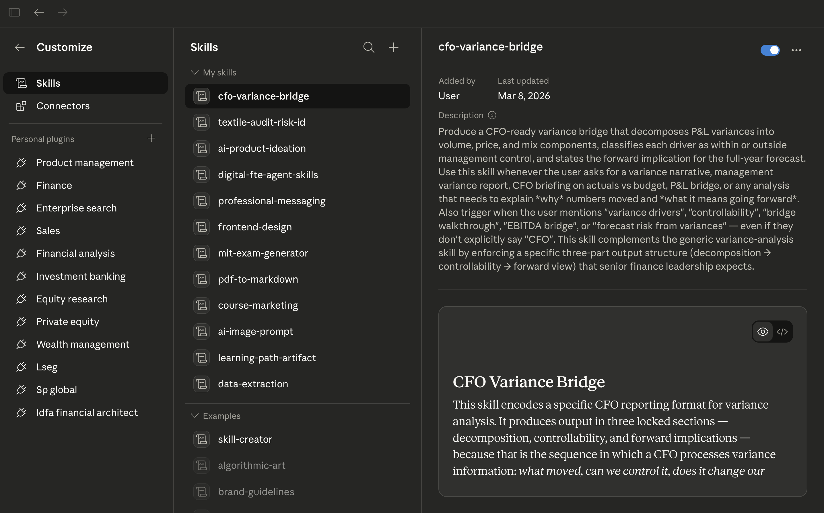 Cowork Skills panel showing user-created domain skills