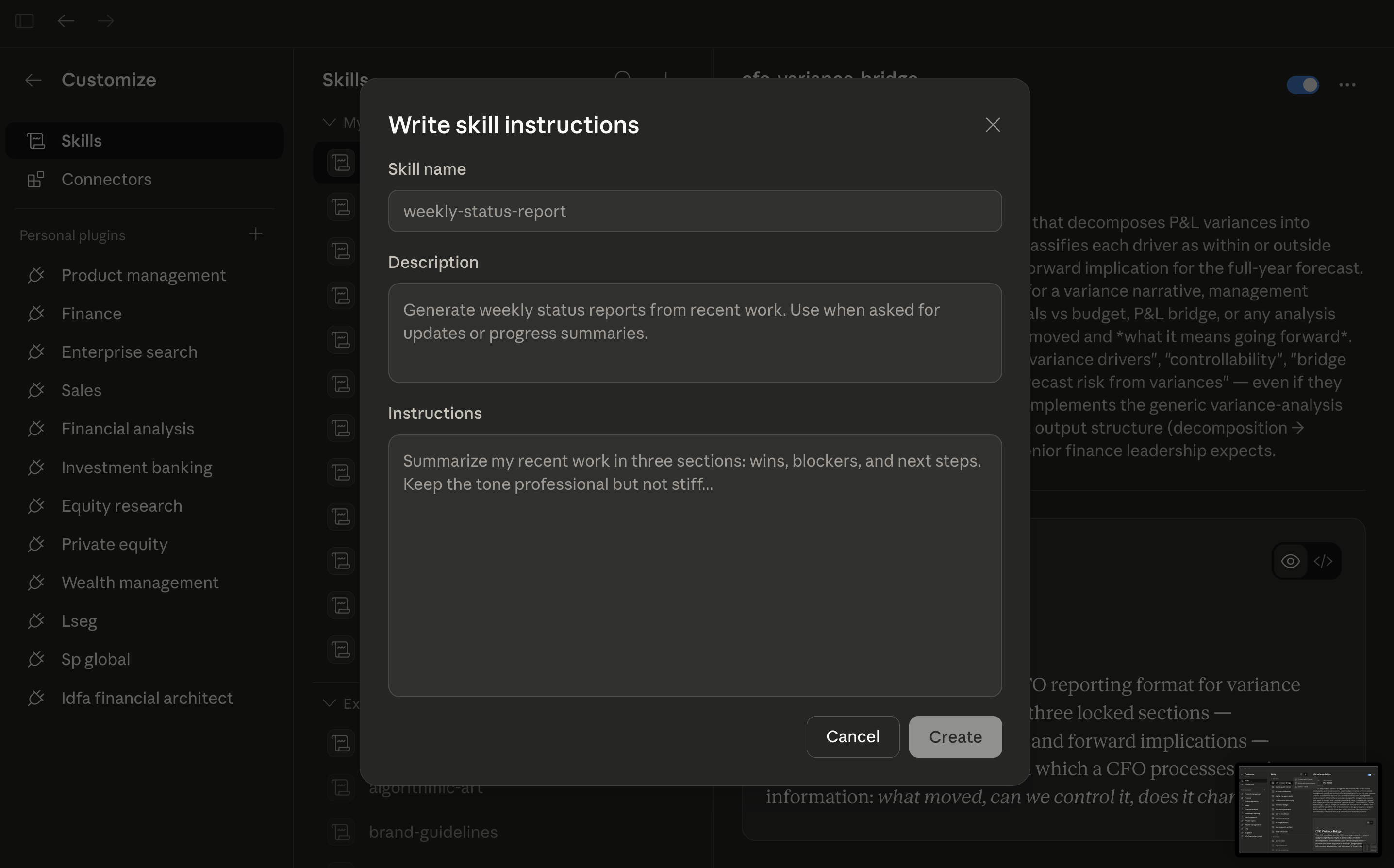 Cowork Write skill instructions form with Skill name, Description, and Instructions fields