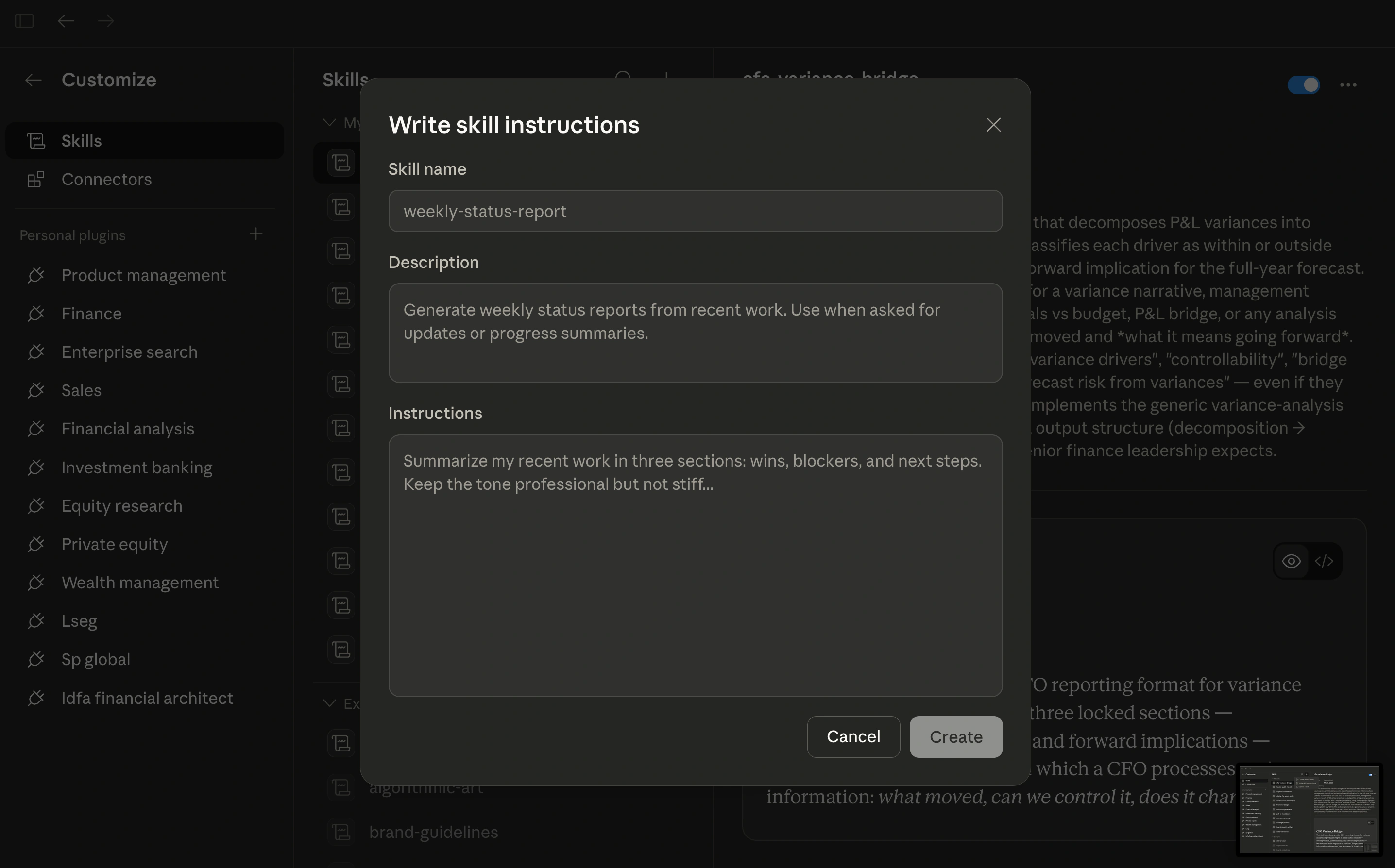 Cowork Write skill instructions form with Skill name, Description, and Instructions fields
