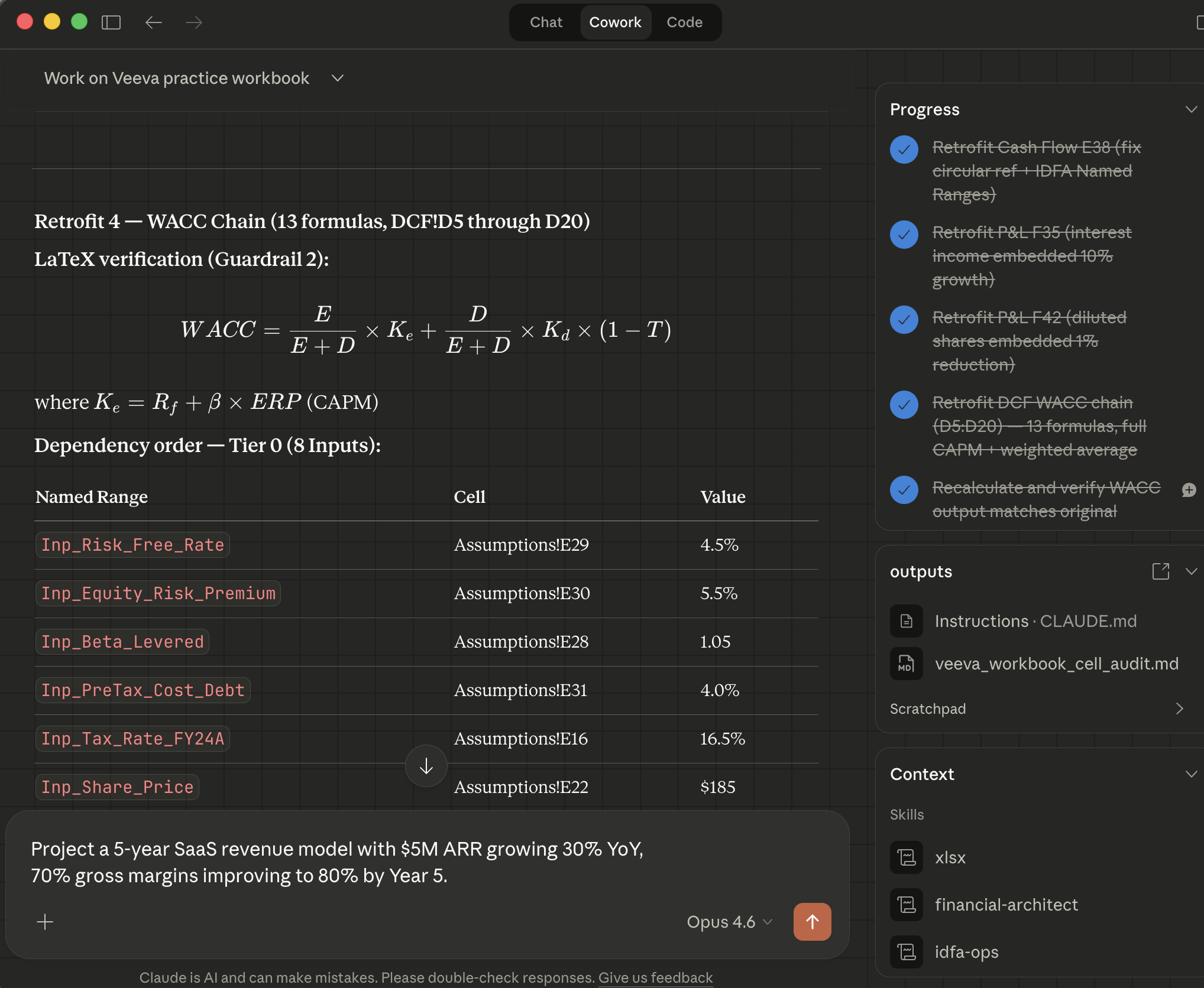 The Cowork right sidebar showing the Context panel with loaded skills (financial-architect and idfa-ops), the outputs section with Instructions and workbook references, and the Progress panel tracking completed steps.