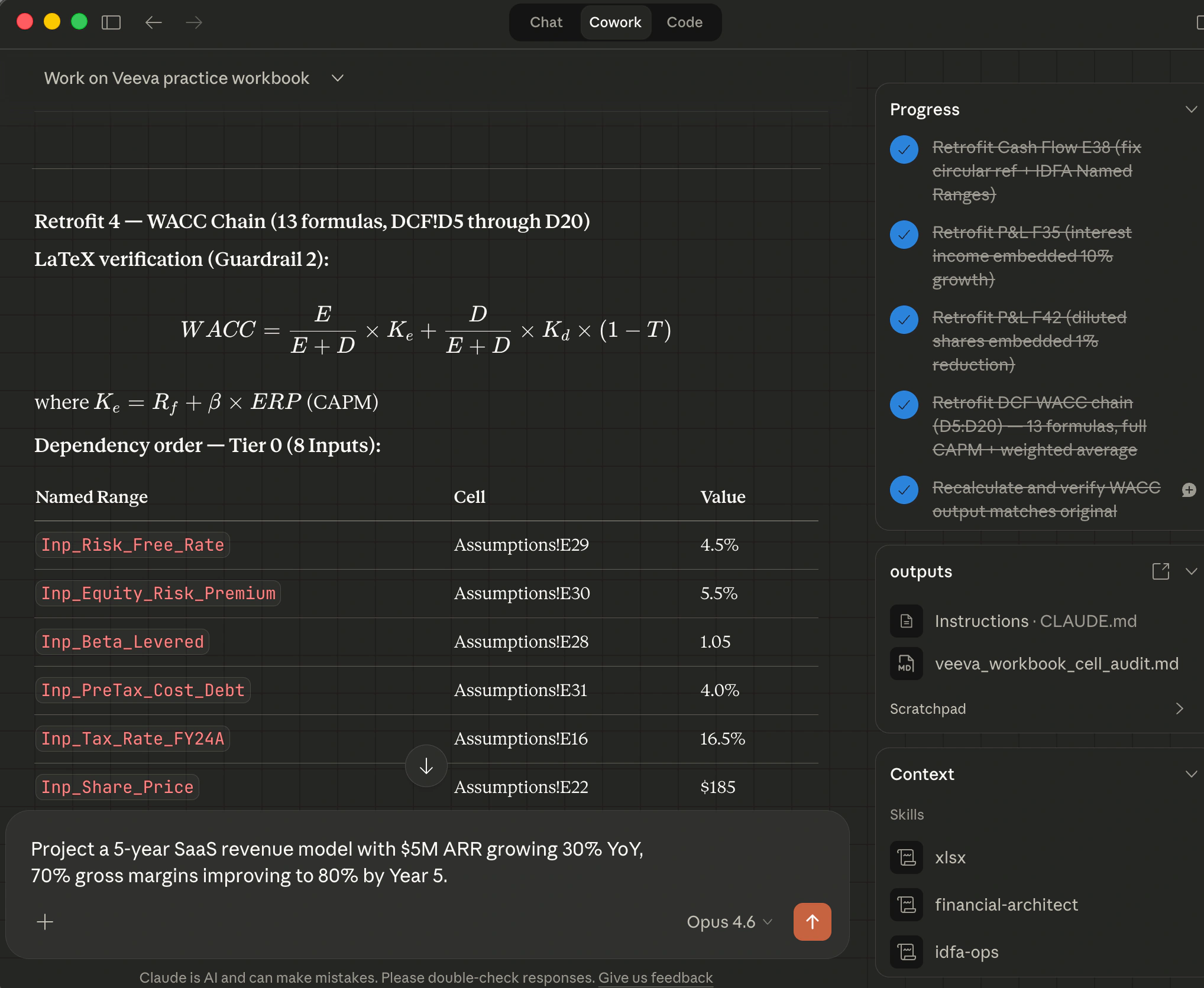 The Cowork right sidebar showing the Context panel with loaded skills (financial-architect and idfa-ops), the outputs section with Instructions and workbook references, and the Progress panel tracking completed steps.
