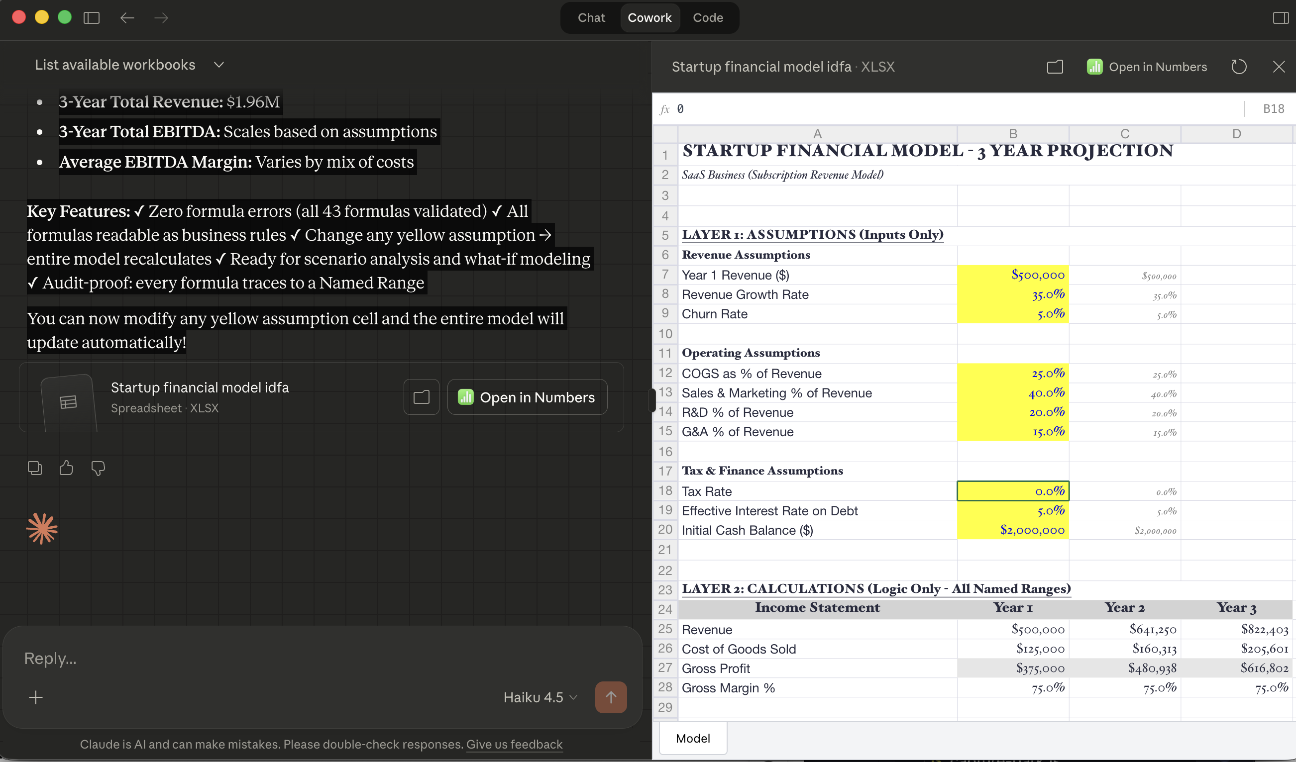 Cowork spreadsheet panel showing an IDFA-compliant financial model with Layer 1 Assumptions and Named Ranges