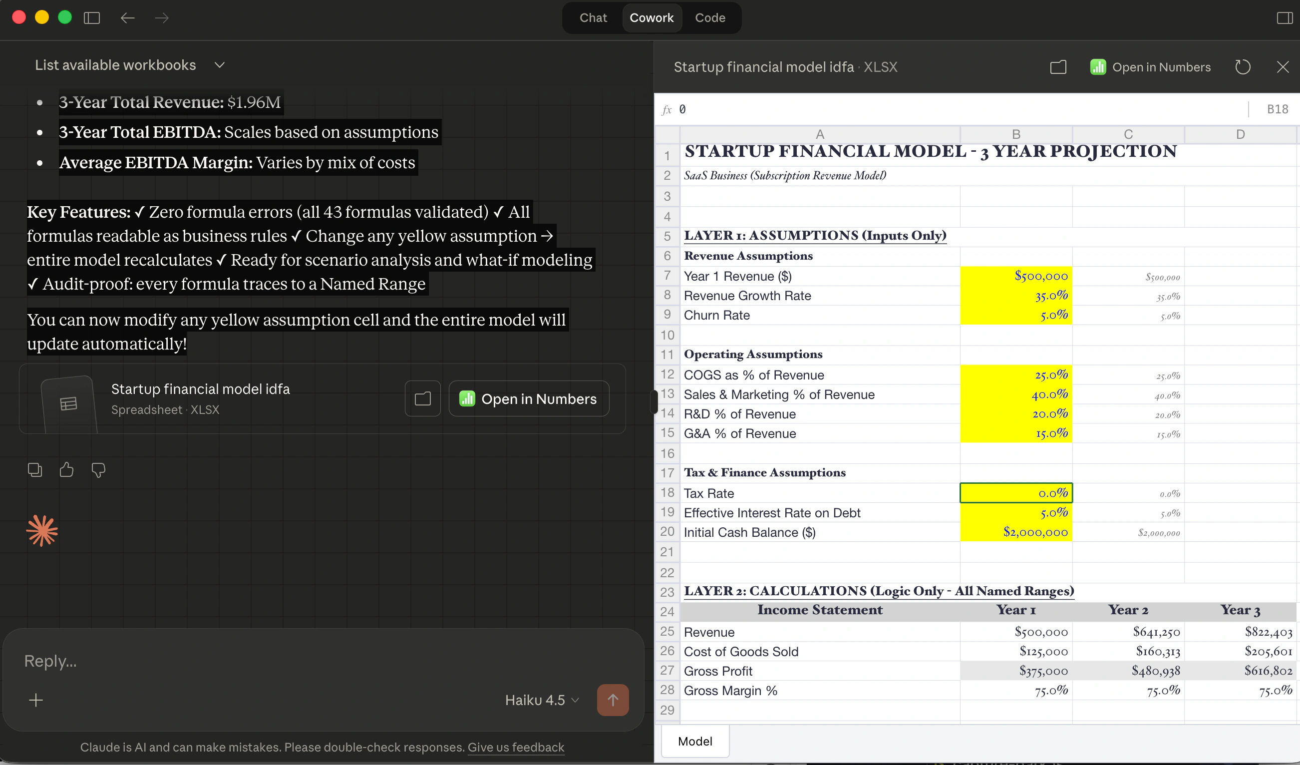 Cowork spreadsheet panel showing an IDFA-compliant financial model with Layer 1 Assumptions and Named Ranges