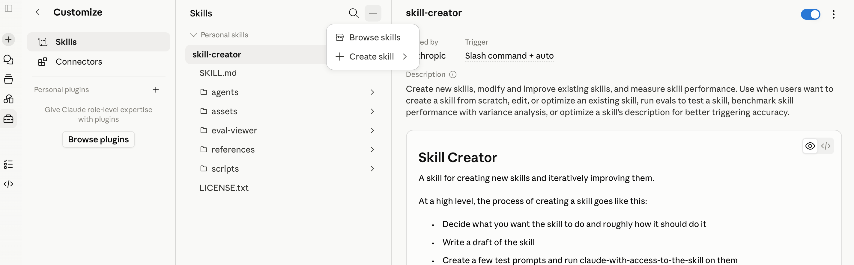 Claude Settings, Customize then Skills. The left rail shows Skills and Connectors. The personal skills list holds a single entry, skill-creator, expanded to show its files: SKILL.md, agents, assets, references, scripts. A "+" menu is open offering "Browse skills" and "Create skill." The detail pane labels skill-creator as managed by Anthropic with trigger "Slash command + auto."