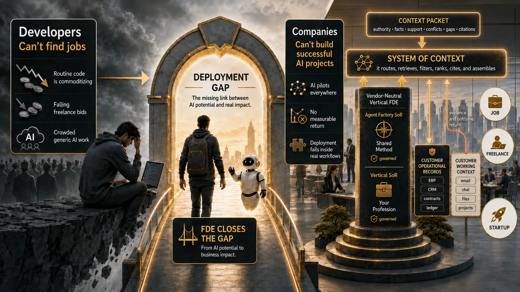 Aik developer andheri khayi ke kinare akela baitha hai, jab ke roshan bridge deployment gap paar kar ke chalti hui office tak jata hai. Wahan Vendor-Neutral Vertical FDE ka label wala pillar do governed Systems of Record sambhale hue hai, aur teen outcomes intezar kar rahe hain: job, freelance, startup.