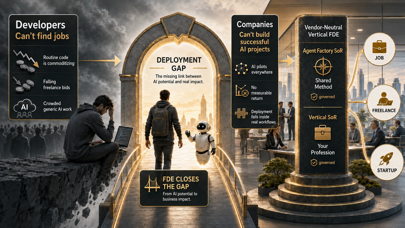 A wide illustration of the deployment gap, in three panels. On the left, under a stormy grey sky, a young developer sits alone on the edge of a broken stone cliff with a laptop, head in one hand, a crowd of faceless figures behind him in the fog. A dark card beside him reads Developers can't find jobs, with three lines: routine code is commoditizing, falling freelance bids, and crowded generic AI work, each marked with a downward arrow. In the centre, a lit stone archway opens onto a golden lit bridge crossing the gap. Carved into the arch is DEPLOYMENT GAP, the missing link between AI potential and real impact. A person with a backpack walks away from the viewer across the bridge beside a small white robot. A card below reads FDE closes the gap, from AI potential to business impact. On the right, in a bright modern office where professionals sit working at long tables against a daylit city skyline, a dark polished pillar stands on three steps. Its upper half is labelled Agent Factory SoR with a compass icon and the words Shared Method, marked governed. Its lower half is labelled Vertical SoR with a briefcase icon and the words Your Profession, also marked governed. The pillar is headed Vendor-Neutral Vertical FDE. Three gold-rimmed circles curve away to the right: JOB with a briefcase, FREELANCE with a person at a laptop, and STARTUP with a rocket. A card above the office reads Companies can't build successful AI projects, with three lines: AI pilots everywhere, no measurable return, and deployment fails inside real workflows.