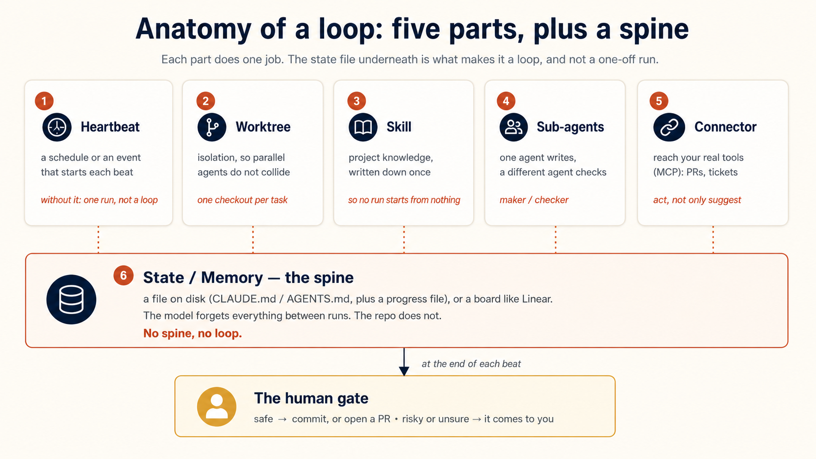 Anatomy of a loop: five parts, plus a spine. Each part does one job, and the state file underneath is what makes it a loop and not a one-off run. Five numbered cards: 1 Heartbeat, a schedule or an event that starts each beat (without it: one run, not a loop). 2 Worktree, isolation, so parallel agents do not collide (one checkout per task). 3 Skill, project knowledge, written down once (so no run starts from nothing). 4 Subagents, one agent writes and a different agent checks (maker and checker). 5 Connector, reach your real tools over MCP: PRs, tickets (act, not only suggest). Dotted lines connect all five down to a wide bar, part 6: State and memory, the spine. A file on disk (CLAUDE.md / AGENTS.md, plus a progress file), or a board like Linear. The model forgets everything between runs. The repo does not. No spine, no loop. At the end of each beat, an arrow leads to the human gate: safe work goes to a commit or a PR, and risky or unsure work comes to you.