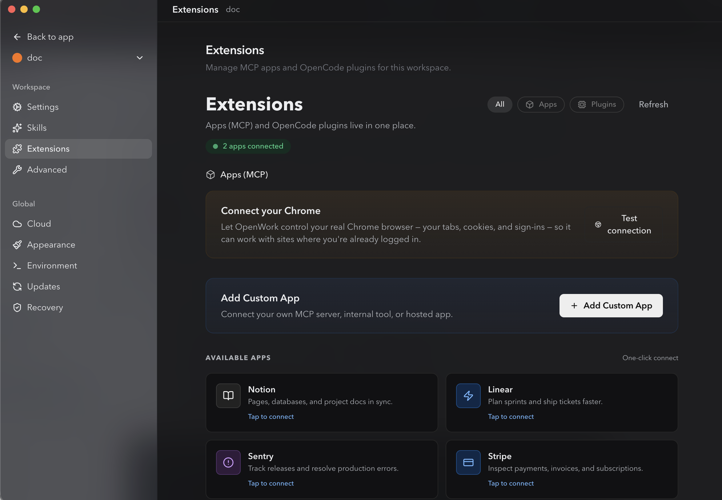 OpenWork extensions page
