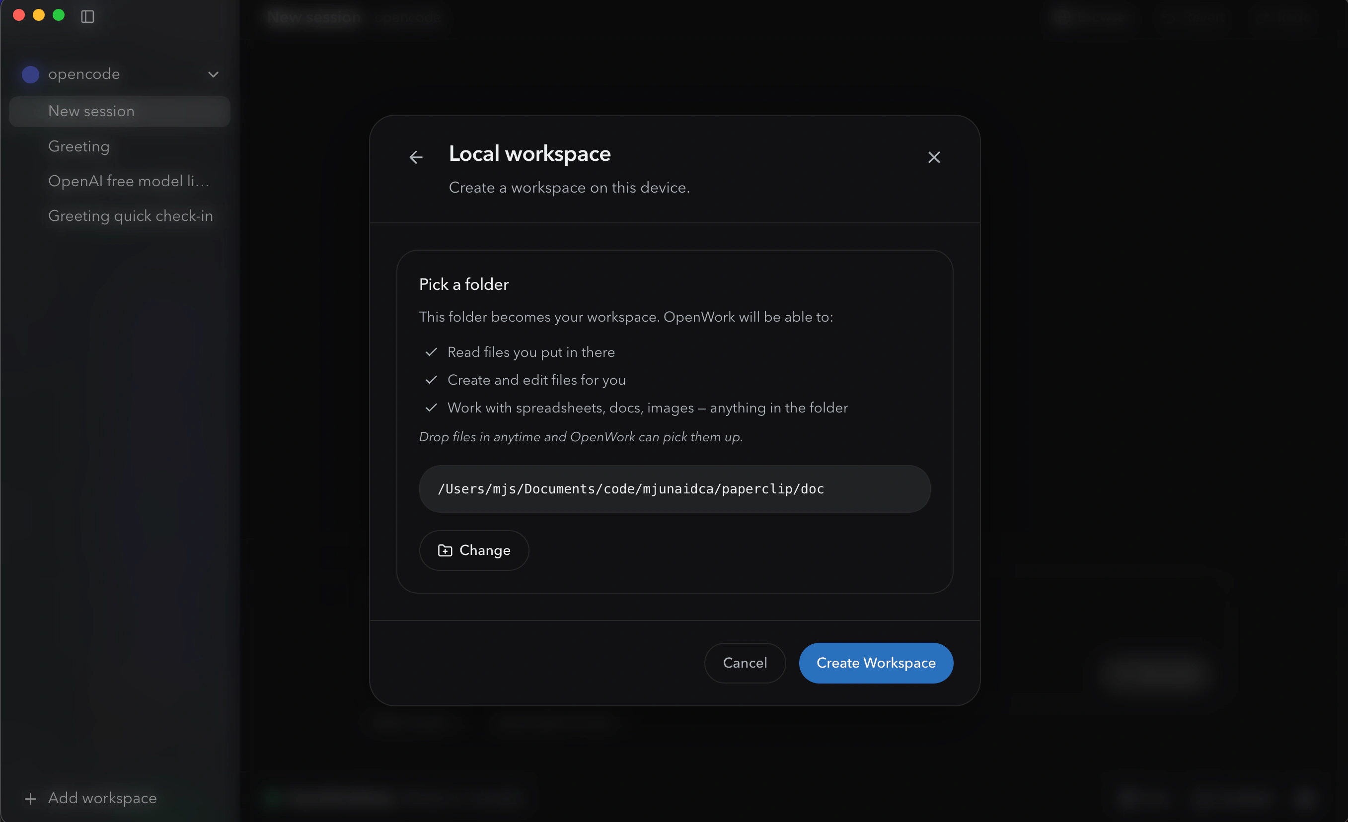 OpenWork local workspace folder picker