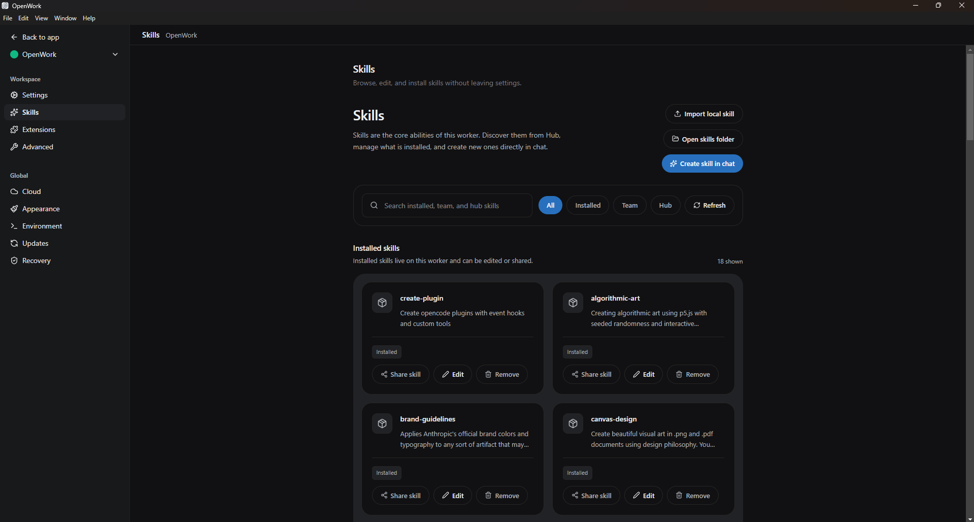OpenWork Skills settings