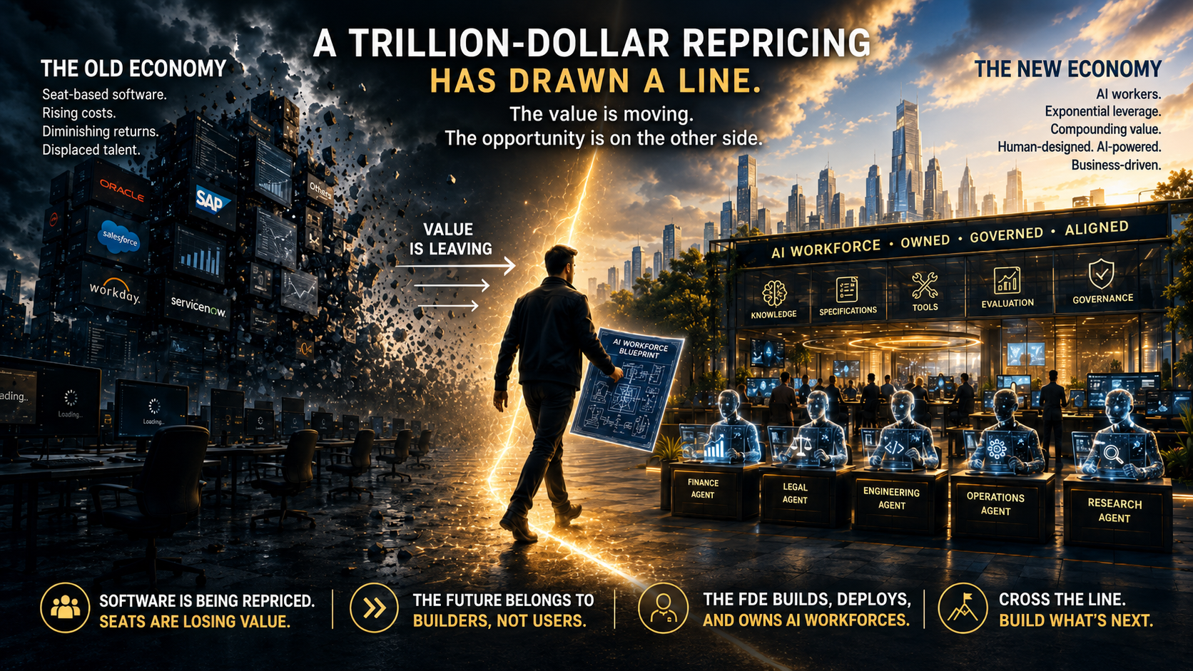 A trillion-dollar repricing has drawn a line between the declining seat-based software economy and the emerging AI workforce economy