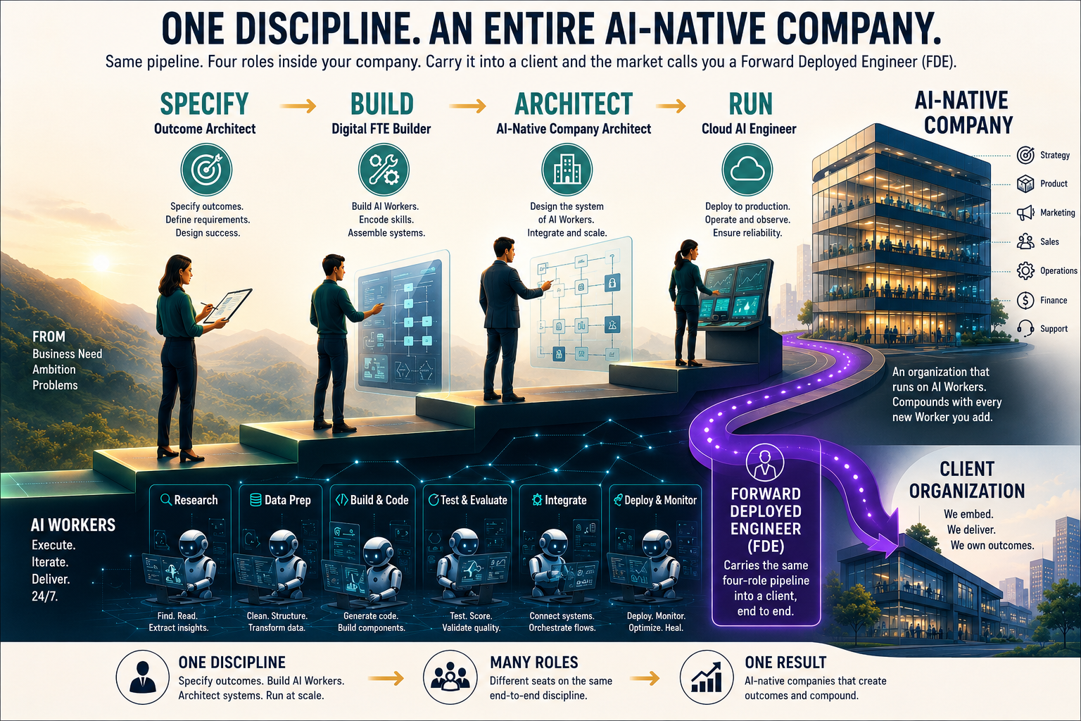 The roles this book trains: four roles inside an AI-native company—Outcome Architect, Digital FTE Builder, AI-Native Company Architect, and Cloud AI Engineer—form one end-to-end pipeline from specifying outcomes to running AI Workers at scale. A Forward Deployed Engineer carries the same four-role pipeline into a client organization, end to end.