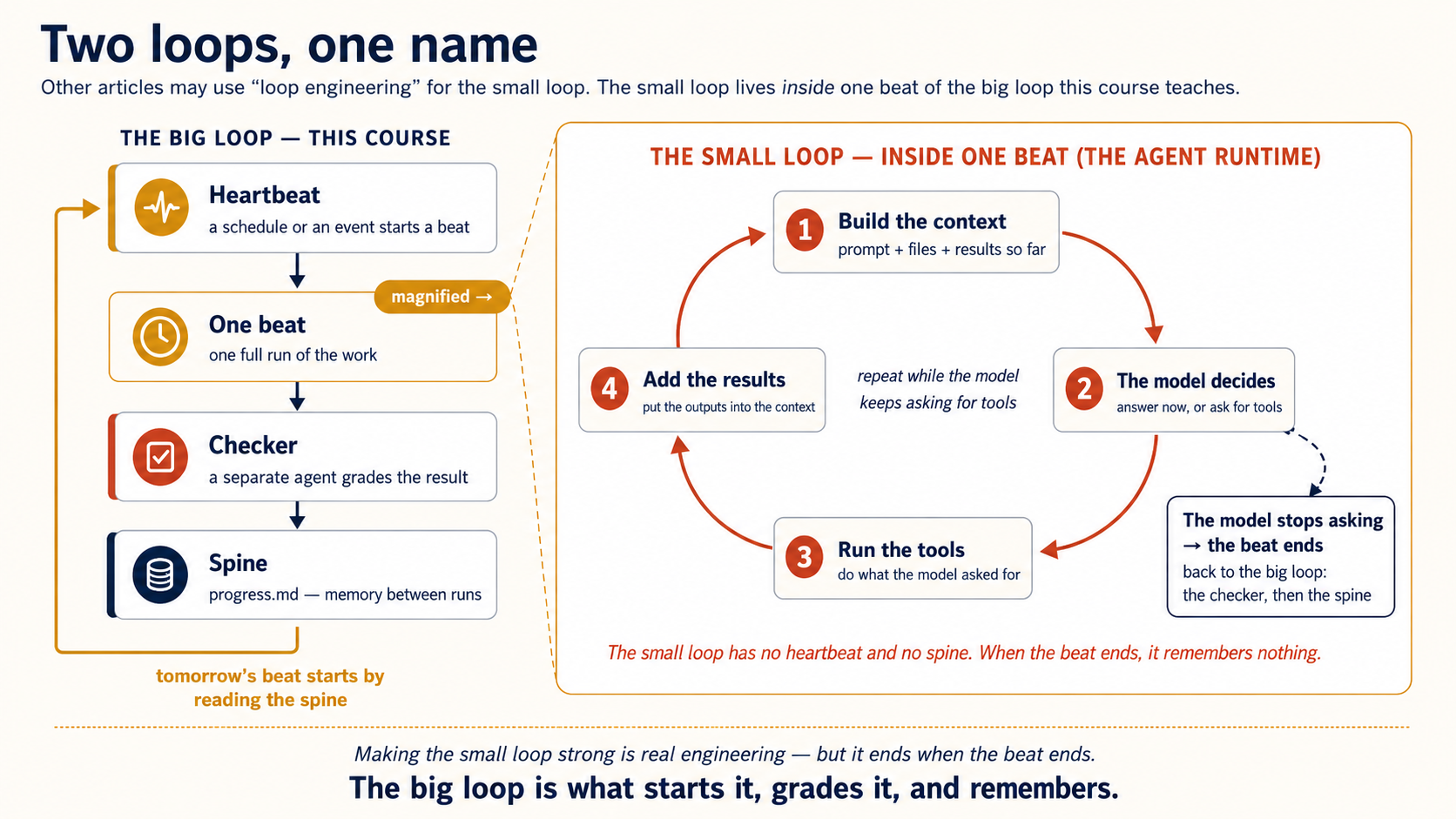Two loops, one name. Left, the big loop this course teaches, as four cards: a heartbeat starts a beat, one beat is one full run of the work, a checker grades the result, and the spine (progress.md) is the memory between runs. A gold return arrow shows that tomorrow's beat starts by reading the spine. The "one beat" card is magnified into the right panel: the small loop inside the agent runtime, four numbered steps in a cycle, 1 build the context, 2 the model decides, 3 run the tools, 4 add the results, repeating while the model keeps asking for tools. When the model stops asking, the beat ends and control returns to the big loop: the checker, then the spine. A note says the small loop has no heartbeat and no spine. When the beat ends, it remembers nothing. Caption: making the small loop strong is real engineering, but it ends when the beat ends. The big loop is what starts it, grades it, and remembers.