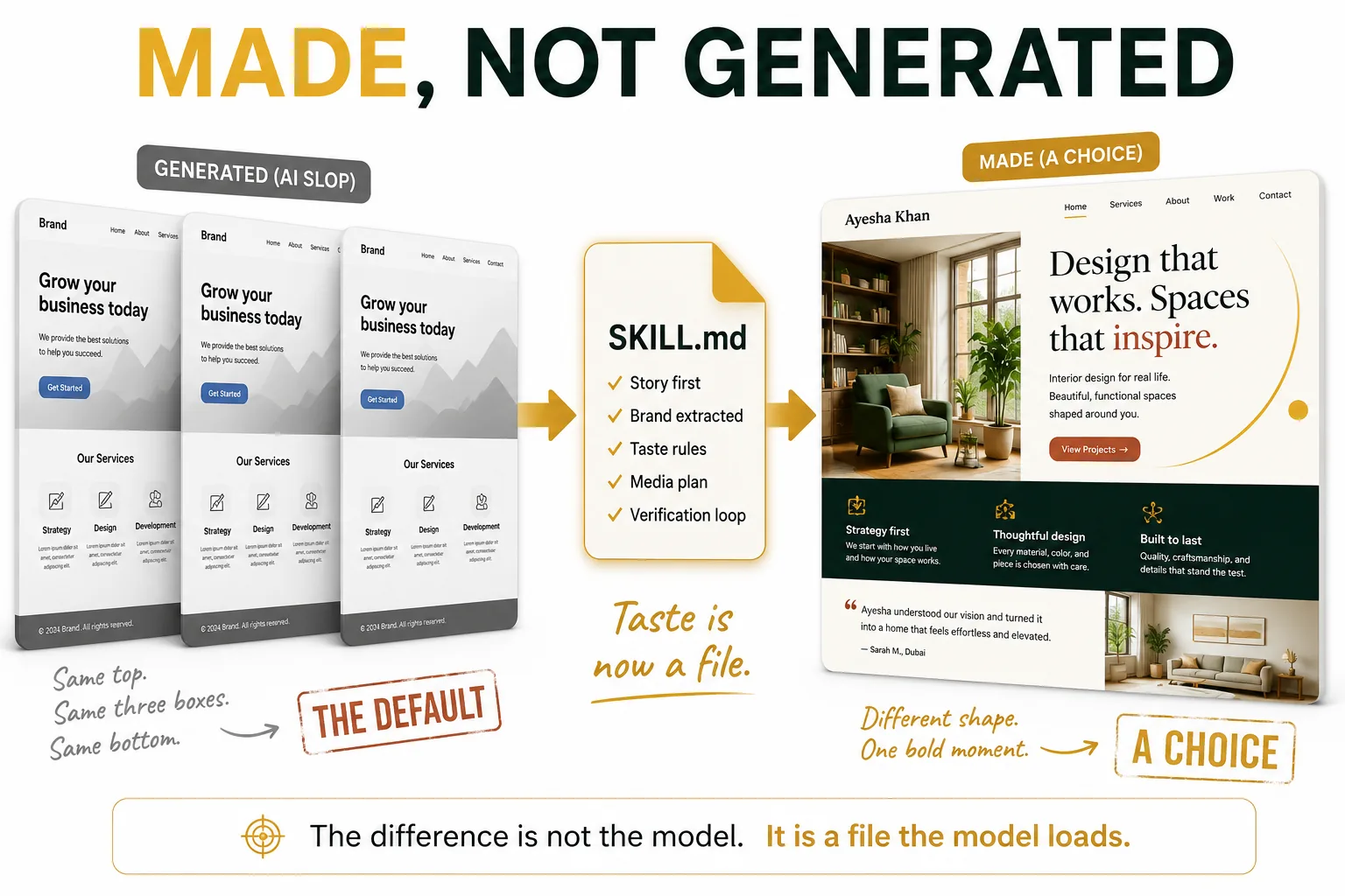 Made, not generated. On the left, three near-identical AI-generated pages, each with the same headline "Grow your business today", the same blue Get Started button and the same three service boxes, stamped THE DEFAULT. An arrow runs from them through a gold SKILL.md file listing story first, brand extracted, taste rules, media plan, verification loop, and out to the right. On the right, one distinctive interior-design site with a serif headline, a real room photograph, a sweeping gold arc and a dark green band, stamped A CHOICE. Along the bottom: the difference is not the model, it is a file the model loads.