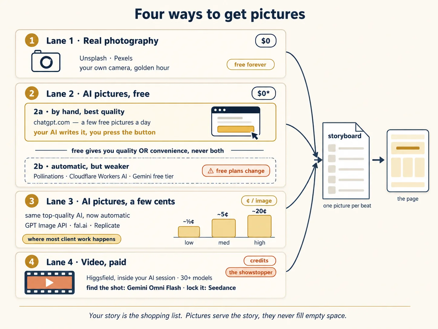 Four ways to get pictures, drawn as four stacked lanes that all converge on one storyboard. Lane 1, real photography, zero dollars: Unsplash, Pexels, your own camera at golden hour, tagged free forever. Lane 2, AI pictures free, split in two: 2a by hand, best quality, on chatgpt.com, a few free pictures a day, where your AI writes it and you press the button; and 2b automatic but weaker, Pollinations, Cloudflare Workers AI, Gemini free tier, tagged free plans change. Between them a dividing line reads: free gives you quality OR convenience, never both. Lane 3, AI pictures for a few cents, with a bar chart reading roughly half a cent low, five cents medium, twenty cents high, tagged where most client work happens. Lane 4, video, paid with credits: Higgsfield inside your AI session, 30+ models, find the shot with Gemini Omni Flash, lock it with Seedance. All four lanes feed a storyboard marked one picture per beat, which feeds the finished page. Footer: your story is the shopping list. Pictures serve the story, they never fill empty space.