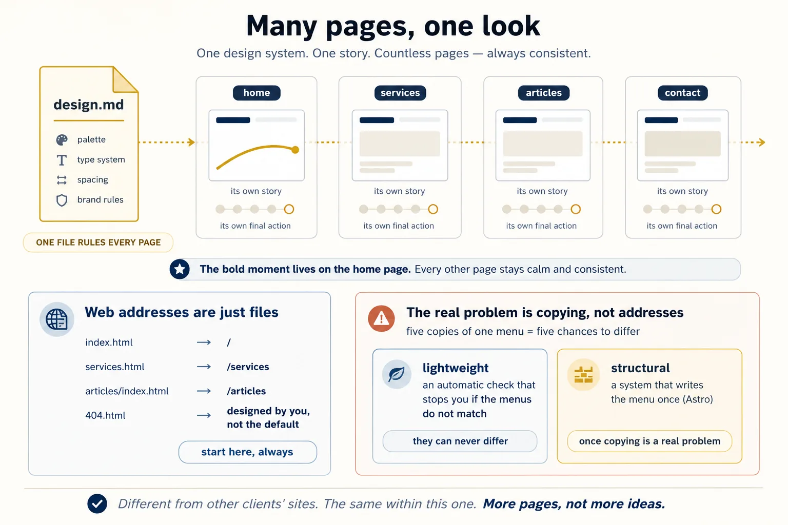 Many pages, one look: one design system, one story, countless pages, always consistent. On the left a gold design.md file lists palette, type system, spacing and brand rules, tagged one file rules every page, with a dotted line running through four page panels: home, services, articles and contact. Each panel carries the same navigation bar, its own five-dot story beneath it, and the caption its own story, its own final action. Only the home page carries the gold signature curve, and a band beneath reads: the bold moment lives on the home page, every other page stays calm and consistent. Below, two panels. Left, web addresses are just files: index.html maps to slash, services.html to slash services, articles slash index.html to slash articles, and 404.html to designed by you, not the default, tagged start here always. Right, the real problem is copying, not addresses: five copies of one menu equals five chances to differ, answered by lightweight, an automatic check that stops you if the menus do not match, tagged they can never differ; and structural, a system that writes the menu once with Astro, tagged once copying is a real problem. Footer: different from other clients' sites, the same within this one. More pages, not more ideas.