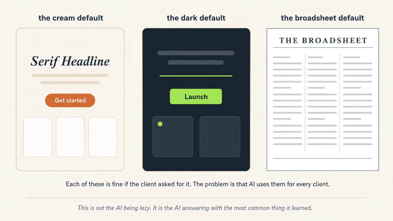 Three landing-page wireframes, labelled the cream default, the dark default and the broadsheet default. The first is a cream page with an italic serif headline and a rounded terracotta Get started button above three white cards. The second is a near-black page with grey text bars, one bright acid-green rule and a green Launch button. The third is a white page with a spaced-out THE BROADSHEET masthead, hairline rules and three dense grey columns. Caption: each of these is fine if the client asked for it, the problem is that AI uses them for every client. Footer: this is not the AI being lazy, it is the AI answering with the most common thing it learned.