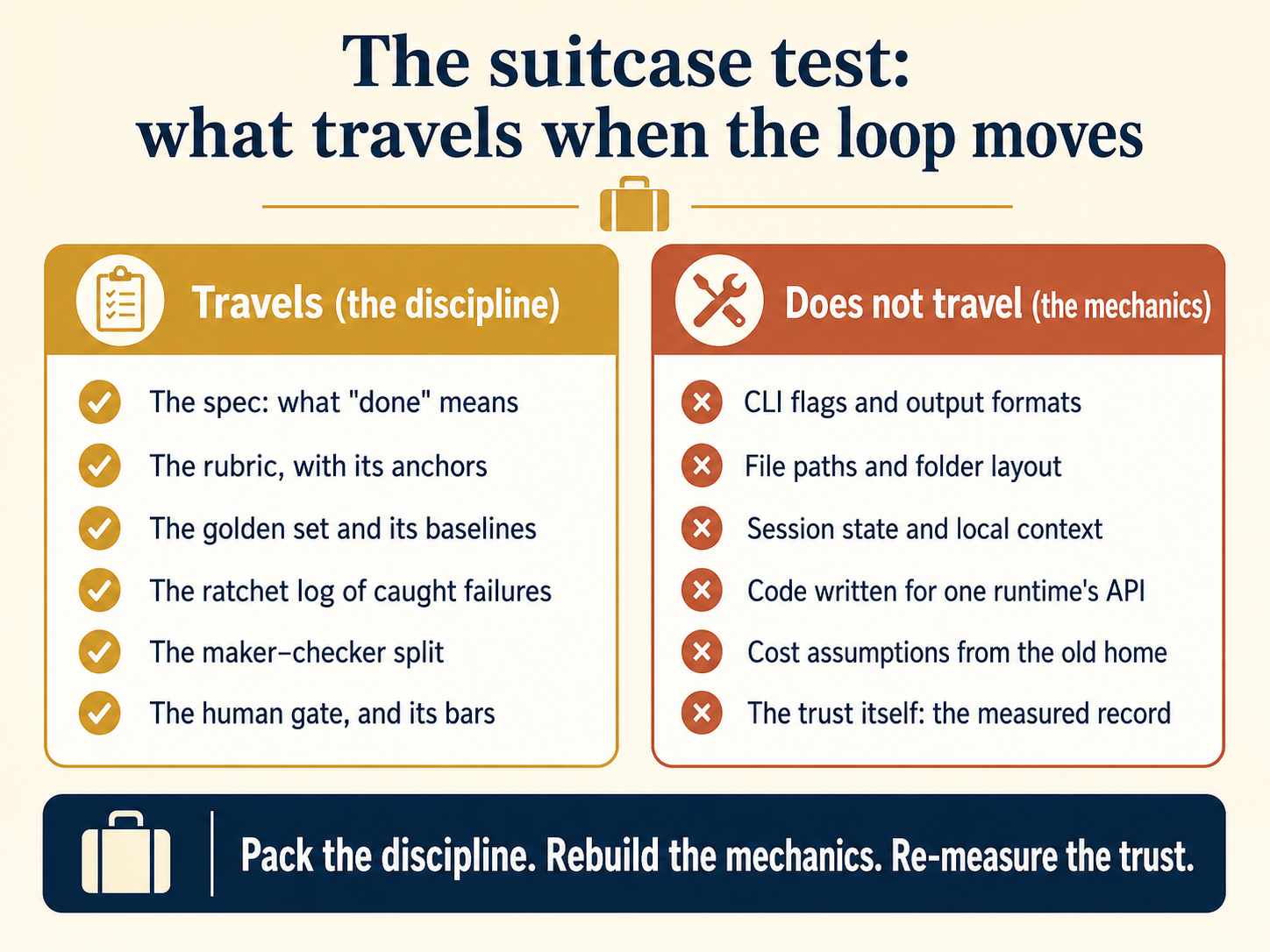 The suitcase test as two panels. The gold panel, travels — the discipline: the spec and what done means; the rubric with its anchors; the golden set and its baselines; the ratchet log of caught failures; the maker–checker split; the human gate and its bars. The terra panel, does not travel — the mechanics: CLI flags and output formats; file paths and folder layout; session state and local context; code written for one runtime's API; cost assumptions from the old home; the trust itself, the measured record. Footer: pack the discipline, rebuild the mechanics, re-measure the trust.