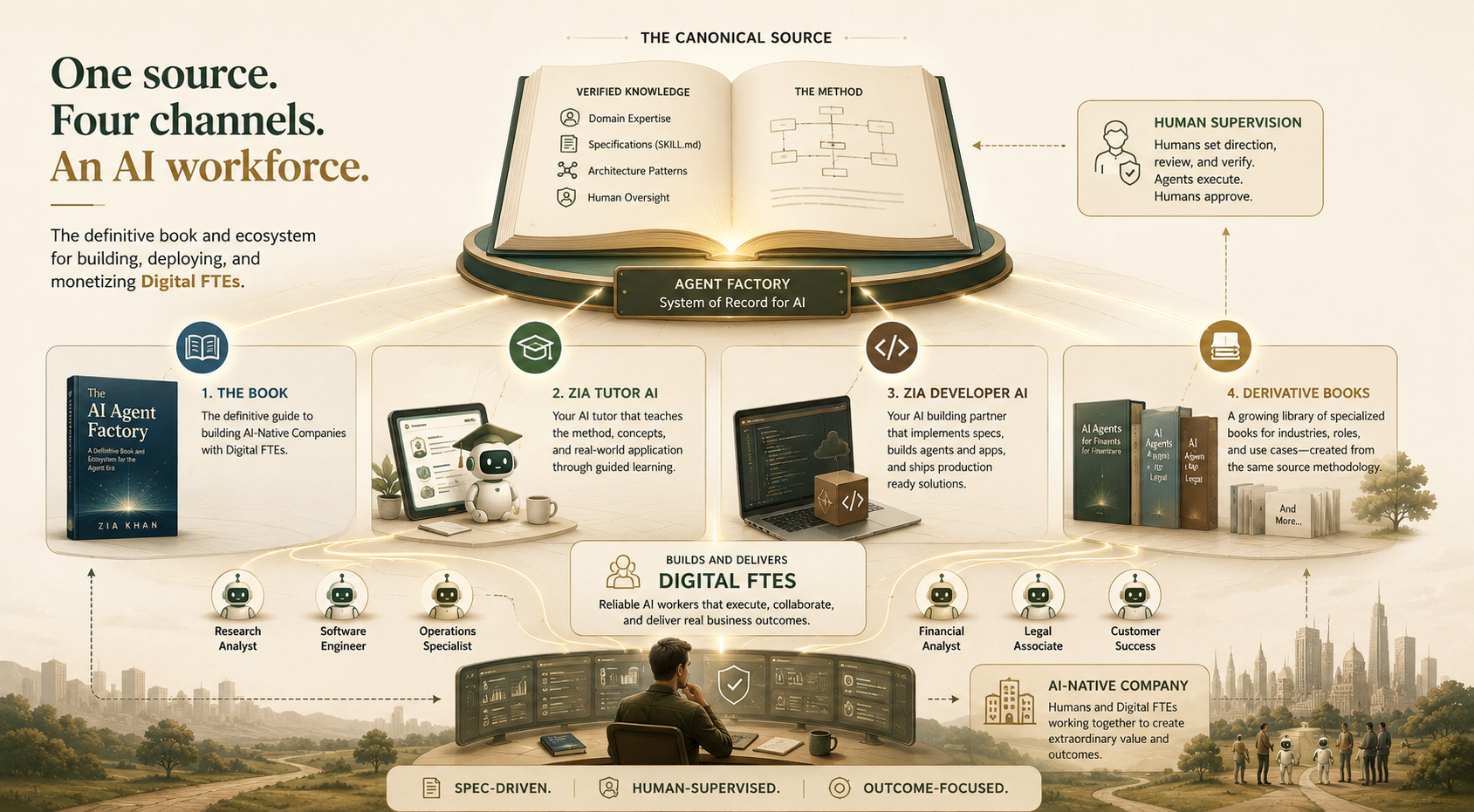 The AI Agent Factory canonical source powering four channels—the book, Zia Tutor AI, Zia Developer AI, and derivative books—which build Digital FTEs under human supervision for an AI-Native Company.
