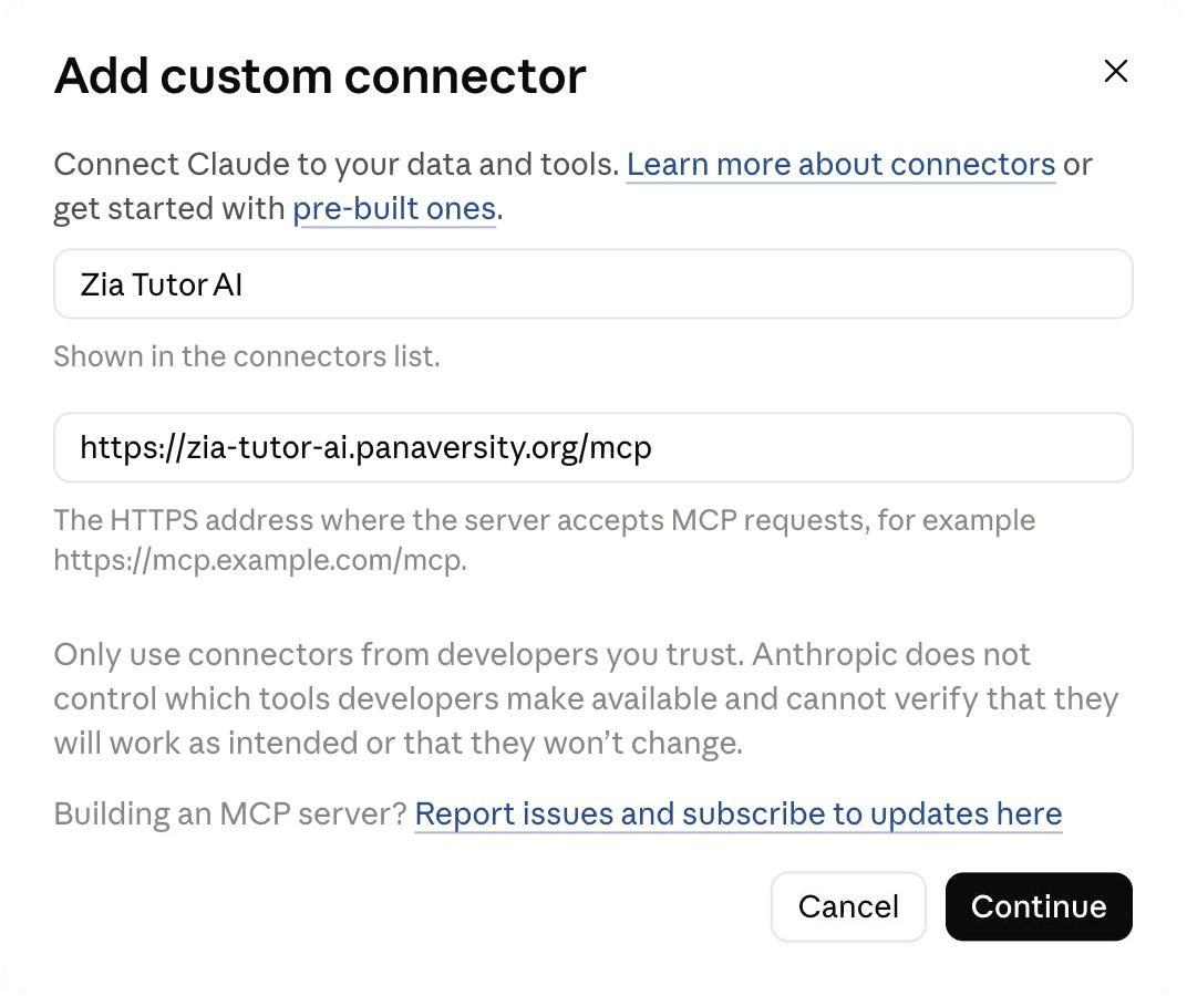 The Add custom connector dialog in Claude, with the name Zia Tutor AI and the MCP server URL filled in, and the Continue button.