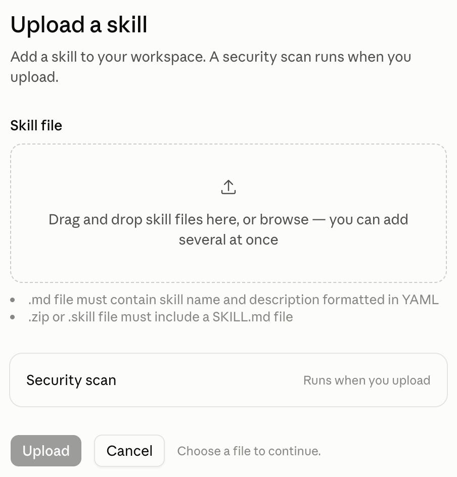 The Upload a skill dialog in claude.ai, with a drag and drop area and a note that a .zip or .skill file must include a SKILL.md file.