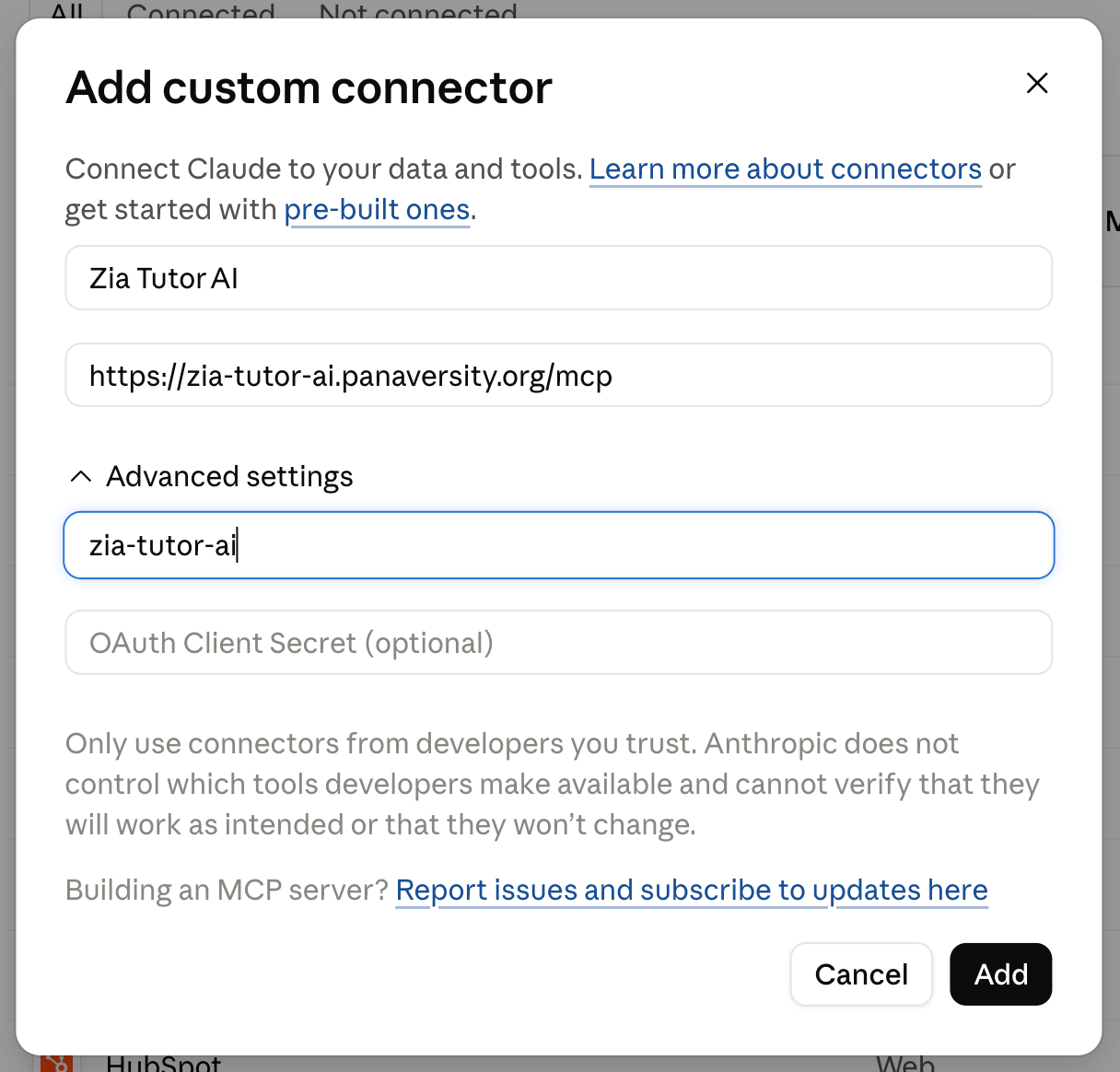 The Add custom connector dialog in Claude with the Zia Tutor AI name, MCP server URL, and OAuth Client ID filled in, ready for the Add button to be clicked.