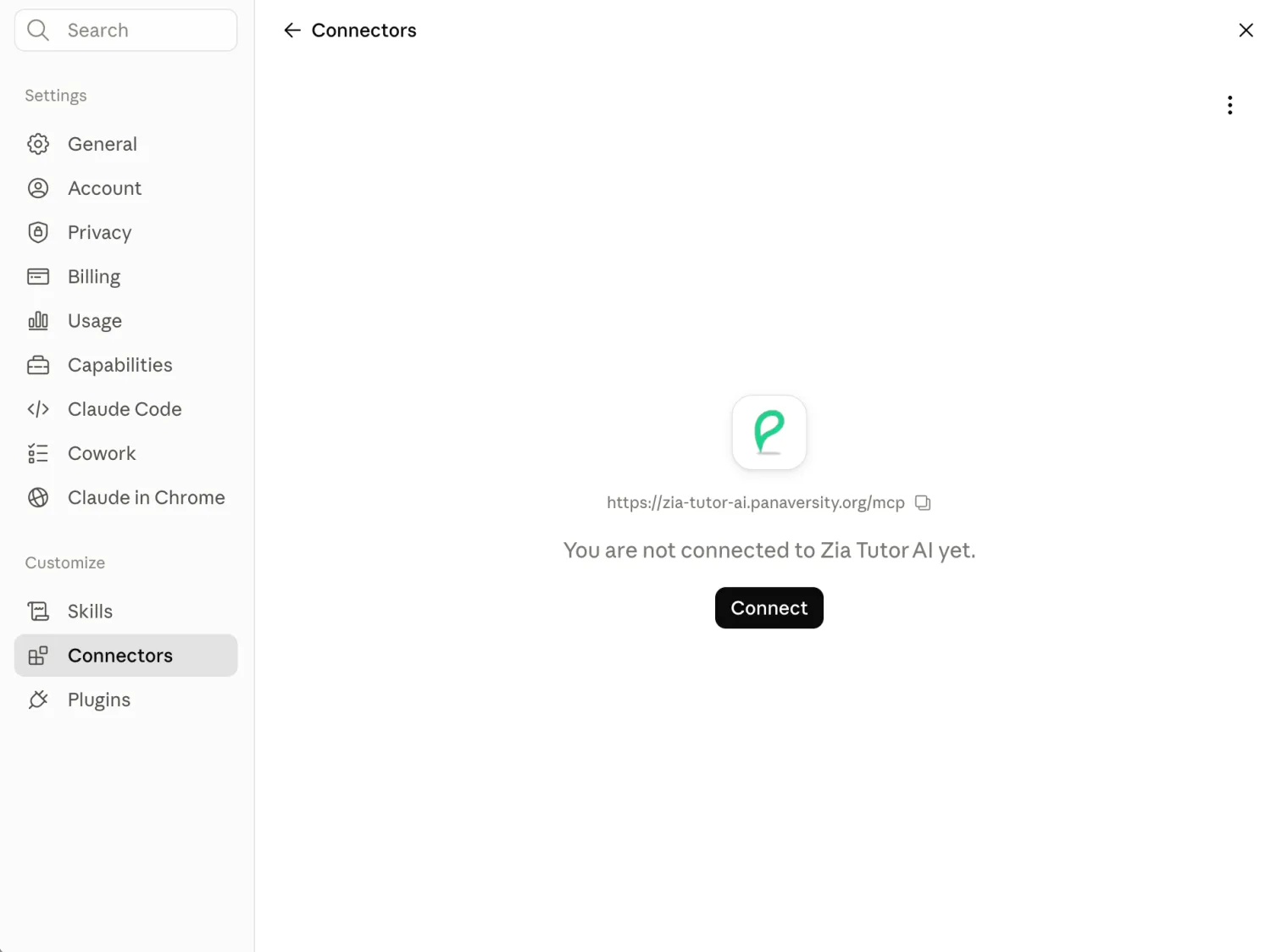 The Zia Tutor AI connector in claude.ai settings, showing the MCP server URL and a Connect button, with the message that you are not connected yet.