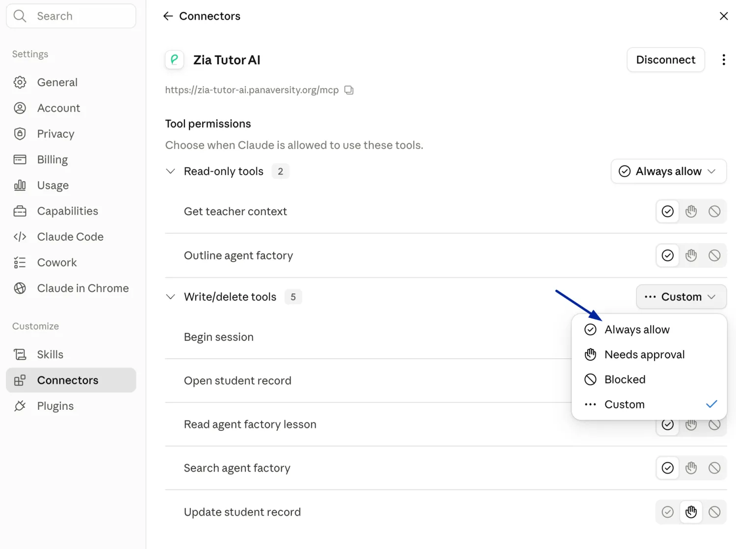 The Zia Tutor AI connector's Tool permissions panel. Read-only tools is set to Always allow; the Write/delete tools group, which holds Begin session, Open student record, Read agent factory lesson, Search agent factory, and Update student record, is being switched from Custom to Always allow.