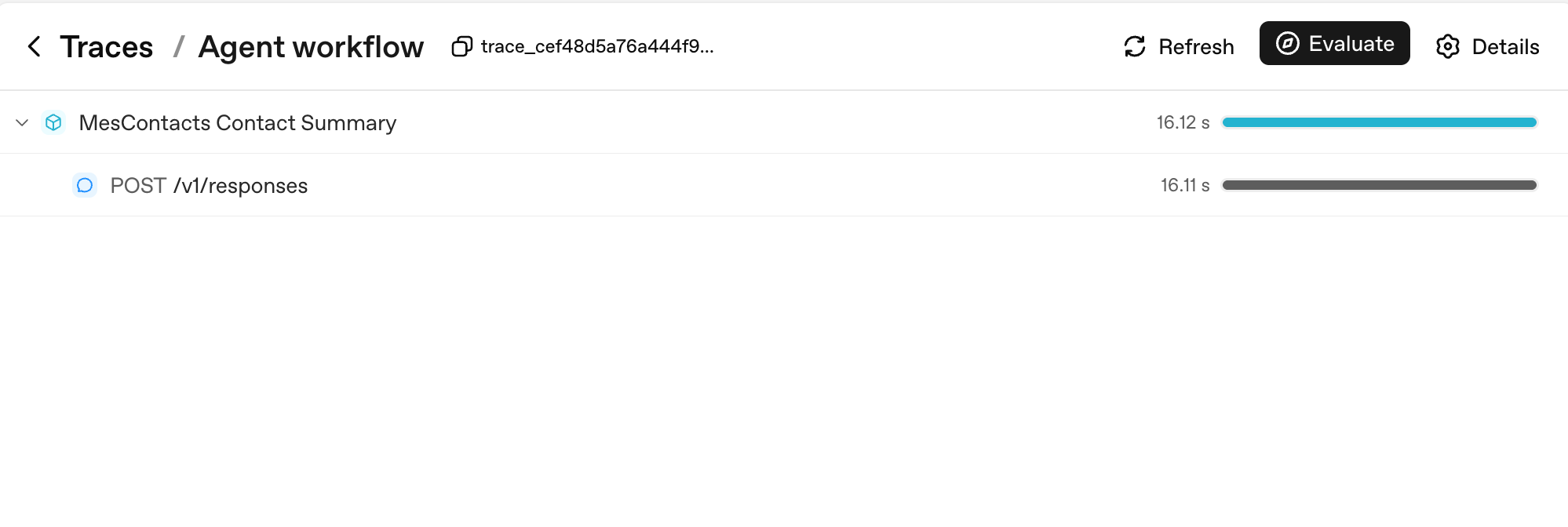  simplest trace shape میں OpenAI's ٹریسنگ dashboard: ایک single Agent ورک فلو parent span wrapping ایک POST /v1/responses child span. Total wall-clock 16.12s، کا کون سا 16.11s ہے ماڈل call.
