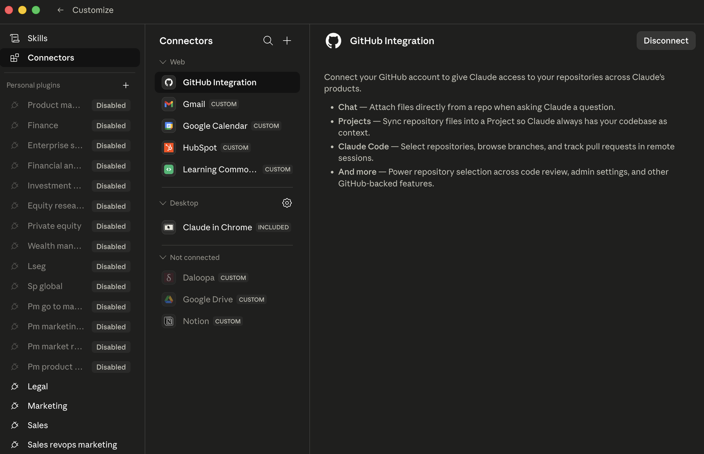 Cowork's Customize → connectors صفحہ. Left sidebar: skills / connectors (selected) / Personal پلگ انز (پروڈکٹ ma...، مالیات، ادارہ s...، Financial al...، Investment r...، Equity resea...، private equity، Wealth man...، Lseg، Sp عالمی، Pm جائیں کو mar...، Pm marketin...، Pm market r...، Pm پروڈکٹ r...، قانونی، مارکیٹنگ، sales، sales revops مارکیٹنگ، all Disabled). Middle pane: connectors list grouped کے ذریعے Web (GitHub integration selected، Gmail custom، Google Calendar custom، HubSpot custom، سیکھنا Commo... custom) / desktop (Claude میں Chrome INCLUDED) / نہیں connected (Daloopa custom، Google Drive custom، Notion custom). درست pane: GitHub integration detail کے ساتھ Disconnect button اور ایک description کا کیا یہ دیتا ہے access کو (Chat / پروجیکٹس / Claude Code / اور زیادہ)