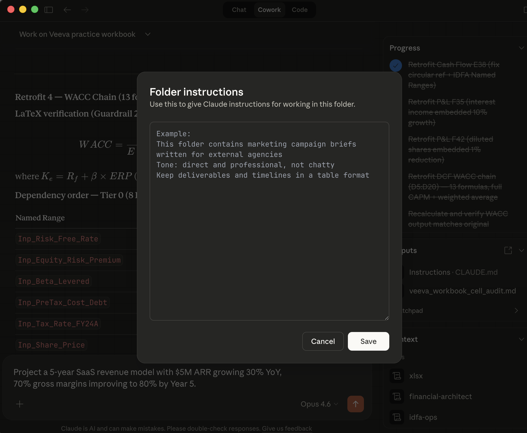 The Folder Instructions modal in Cowork: type natural-language instructions that apply to every interaction in this session.