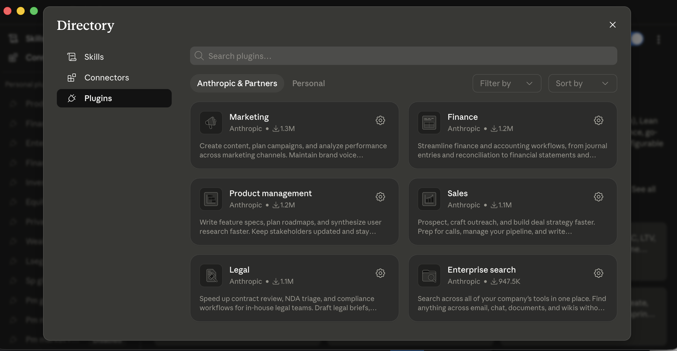Cowork's پلگ انز Directory modal. Left sidebar: skills / connectors / پلگ انز (selected). Top: search bar "Search پلگ انز..." کے ساتھ tabs "Anthropic &amp; Partners" (selected) اور "Personal"، plus "Filter کے ذریعے" اور "Sort کے ذریعے" dropdowns. Grid کا پلگ ان کارڈز، ہر showing ایک name، publisher (Anthropic)، اور ایک download count: مارکیٹنگ (Anthropic • ↓1.1M، "بنائیں content، منصوبہ campaigns، اور analyze performance across مارکیٹنگ channels. Maintain brand voice...")، مالیات (Anthropic • ↓1.2M، "Streamline مالیات اور accounting ورک فلو، سے journal entries اور reconciliation کو financial statements اور...")، پروڈکٹ management (Anthropic • ↓1.2M، "لکھیں feature specs، منصوبہ roadmaps، اور synthesize صارف research زیادہ تیز. رکھیں stakeholders updated اور stay...")، sales (Anthropic • ↓1.2M، "Prospect، craft outreach، اور تعمیر کریں deal حکمت عملی زیادہ تیز. Prep کے لیے calls، manage آپ کا pipeline، اور لکھیں...")، قانونی (Anthropic • ↓947.5K، "Speed up contract review، NDA triage، اور compliance ورک فلو کے لیے in-house قانونی ٹیمیں. Draft قانونی briefs...")، ادارہ search (Anthropic • ↓647.5K، "Search across all کا آپ کا کمپنی کا ٹولز میں ایک place. Find کوئی بھی چیز across email، chat، دستاویزات، اور wikis کے ساتھ..."). ہر card has ایک gear icon کے لیے settings