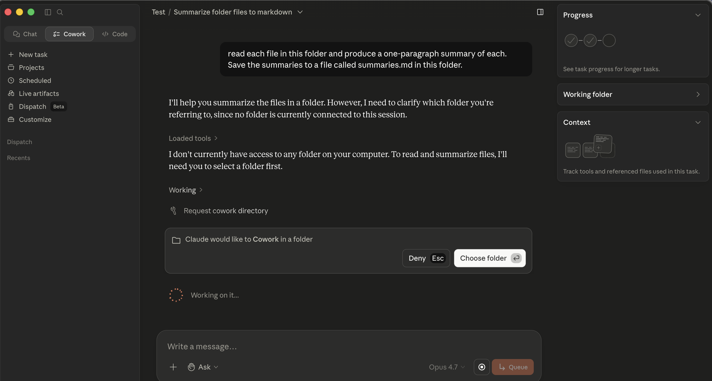 Cowork's inline فولڈر-اجازت gate: agent says "I'll مدد آپ summarize فائلیں میں ایک فولڈر. However، I ضرورت کو clarify کون سا فولڈر آپ're referring کو، since نہیں فولڈر ہے currently connected کو یہ سیشن." Below، ایک inline اجازت card "Claude would like کو Cowork میں ایک فولڈر" کے ساتھ Deny اور چنیں فولڈر buttons